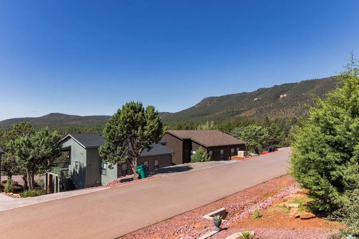A scenic exterior perspective showing houses nestled among trees, a mountain range in the distance, and a quiet road leading through the landscape. This image evokes the natural beauty and small-town charm described in the narrative, reinforcing the idea of exploring Pine’s main street or adventuring nearby.