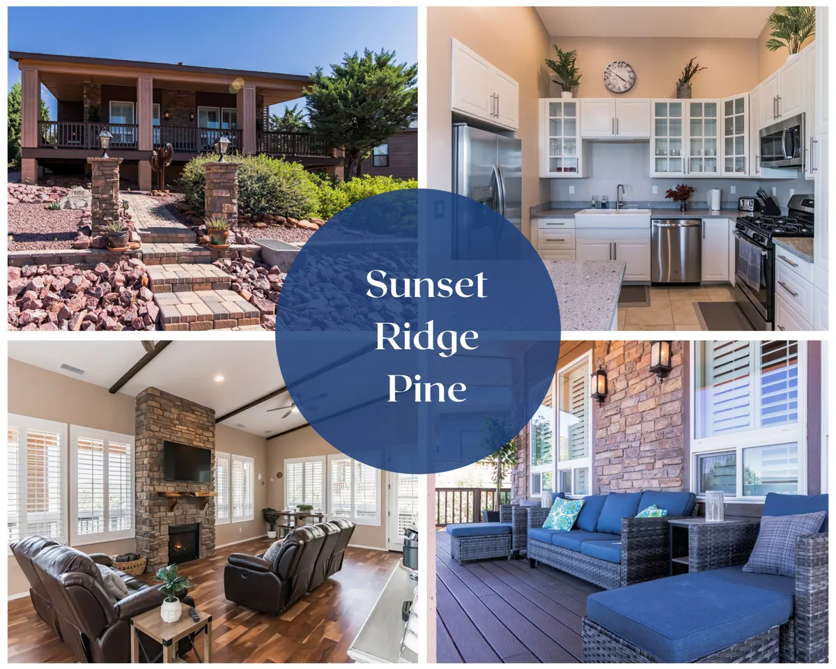 The image showcases the stunning exterior of a single-family home nestled among tall pine trees, with a welcoming front porch, beautifully landscaped pathway, and inviting outdoor seating area. Through the windows, the warm glow from the kitchen and living room fireplace highlight the cozy, modern interior, creating an atmosphere that's both luxurious and inviting.