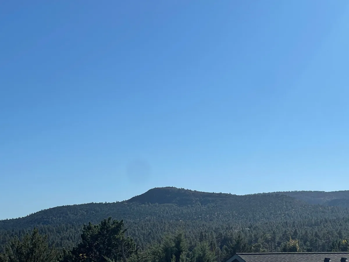 A sweeping view of a distant mountain under a clear blue sky, with a lush forested landscape in the foreground. The serene atmosphere invites outdoor adventures such as hiking, nature walks, and photography.